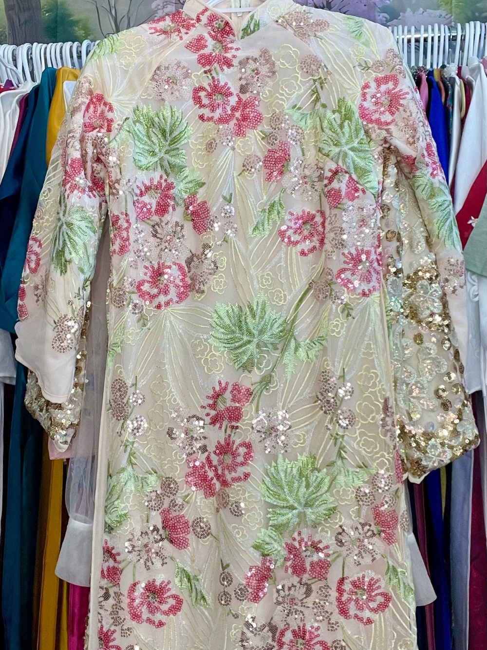 Cream pink Ao dai suông kim sa sequin Vietnamese traditional long dress set m 2 - Picture 3 of 5